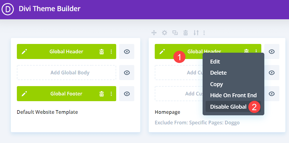 disable global header on different templates