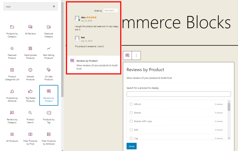 Reviews by Product WooCommerce Block