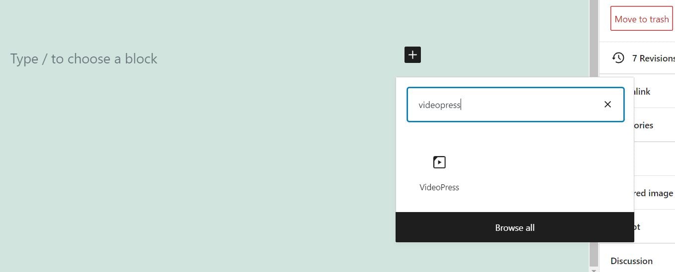 Adding the VideoPress embed block into WordPress