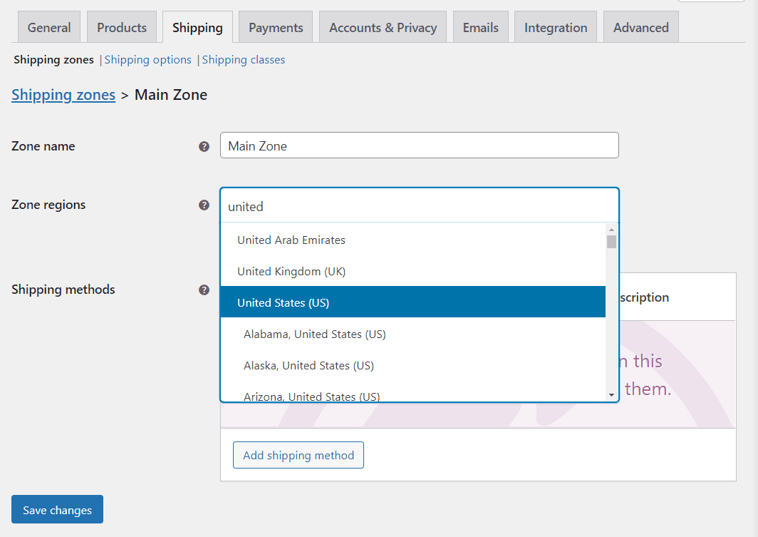 Adding a new shipping zone in WooCommerce