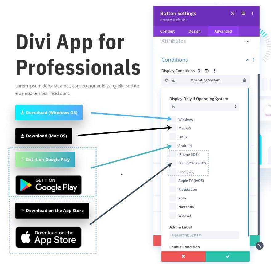 display download buttons for respective operating systems in divi