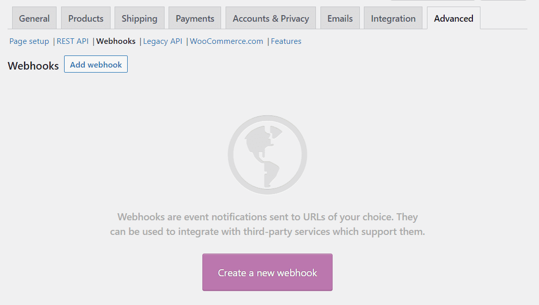 Creating a new webhook in WooCommerce