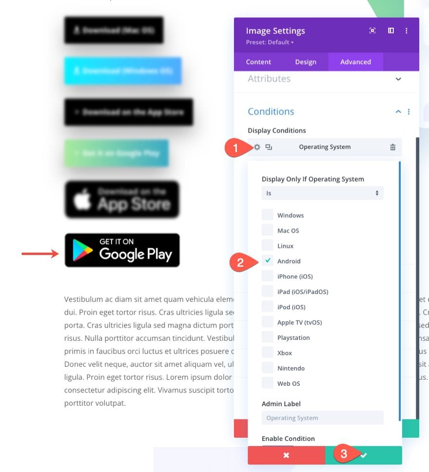 display download buttons for respective operating systems in divi