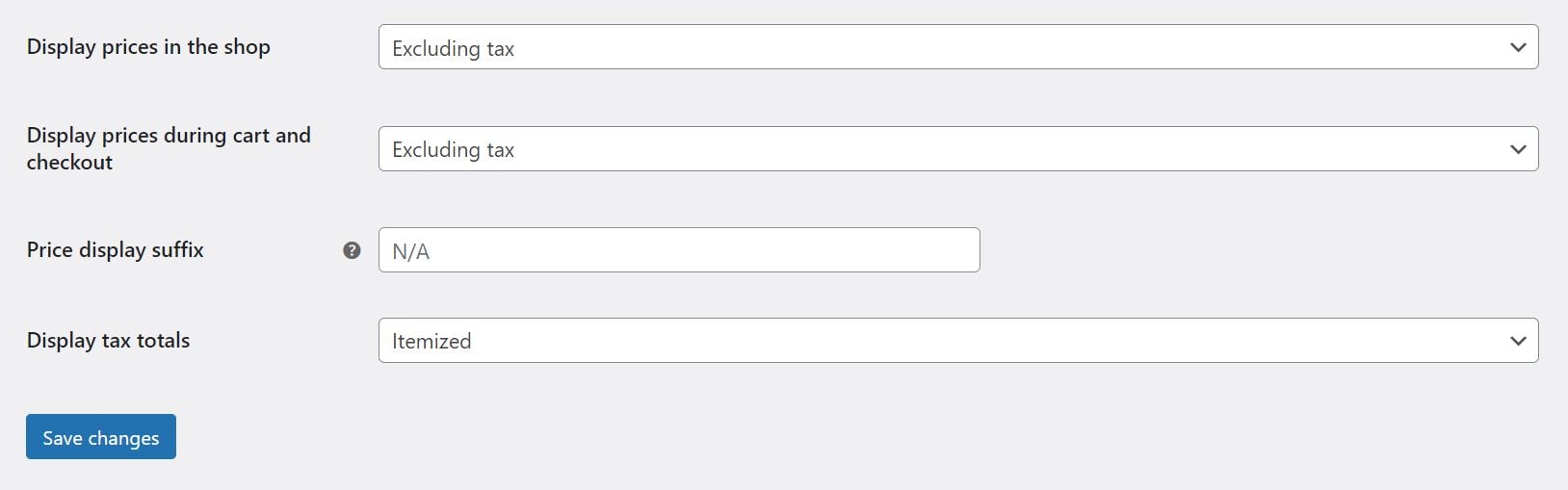 Display prices options in WooCommerce taxes settings