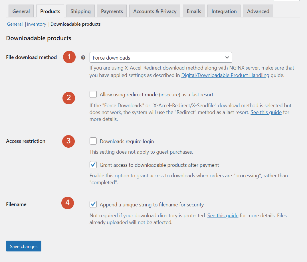 Configuring downloadable file settings for WooCommerce