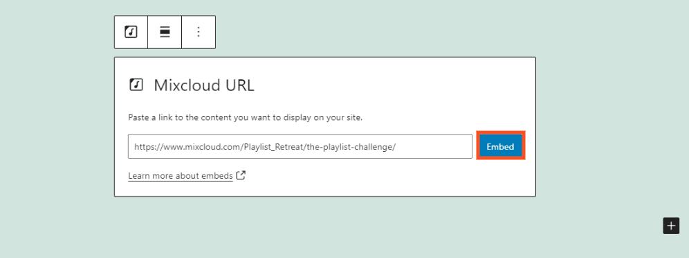 Embedding a Mixcloud URL in WordPress.