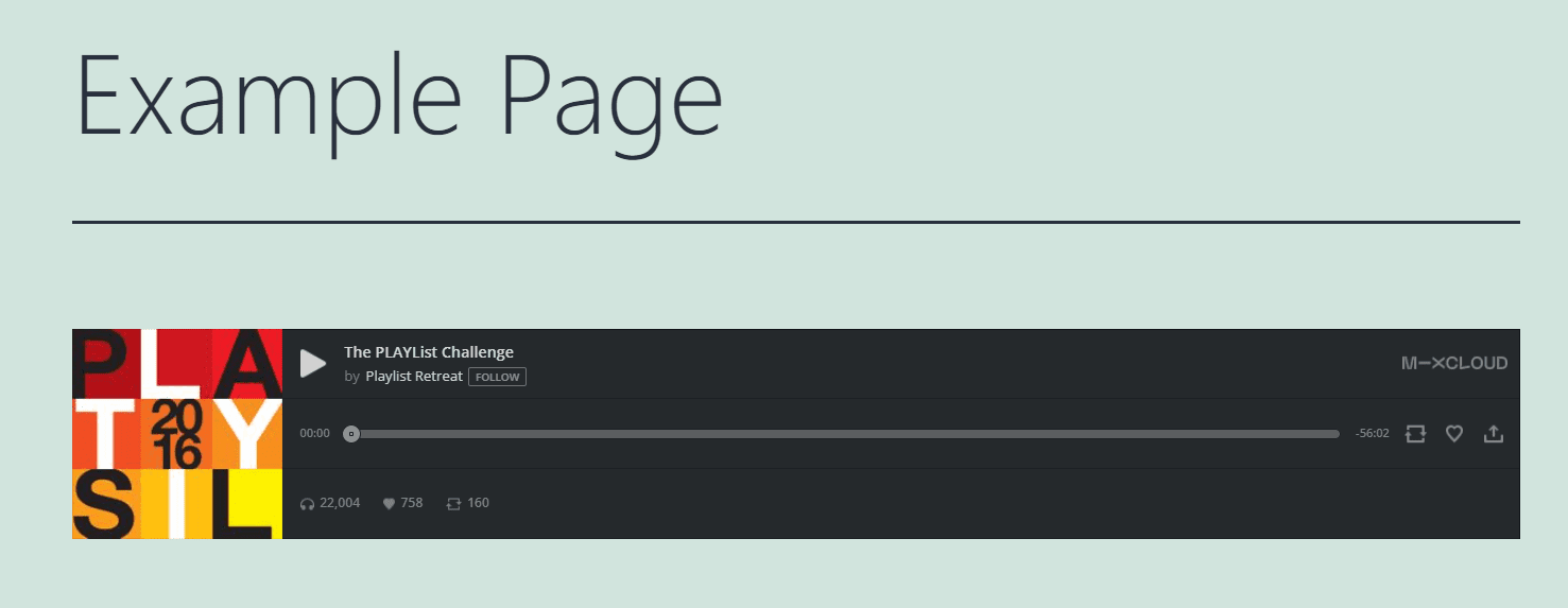 An example of a full width Mixcloud player on the front end.