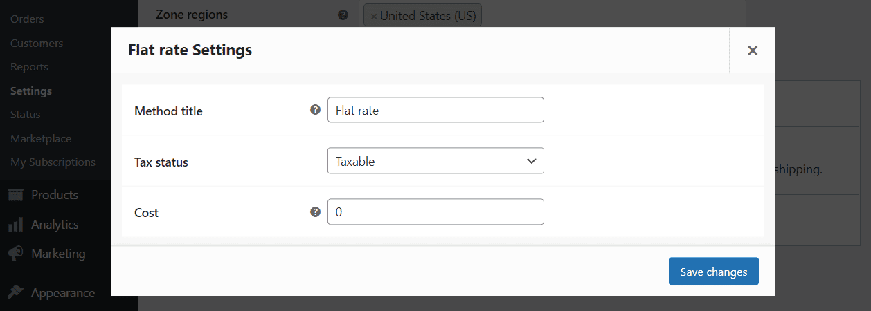 Flat rate shipping WooCommerce settings