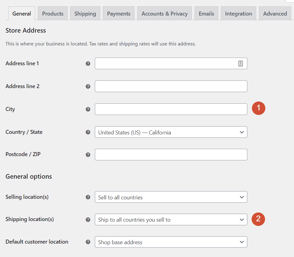 Configuring general WooCommerce location settings