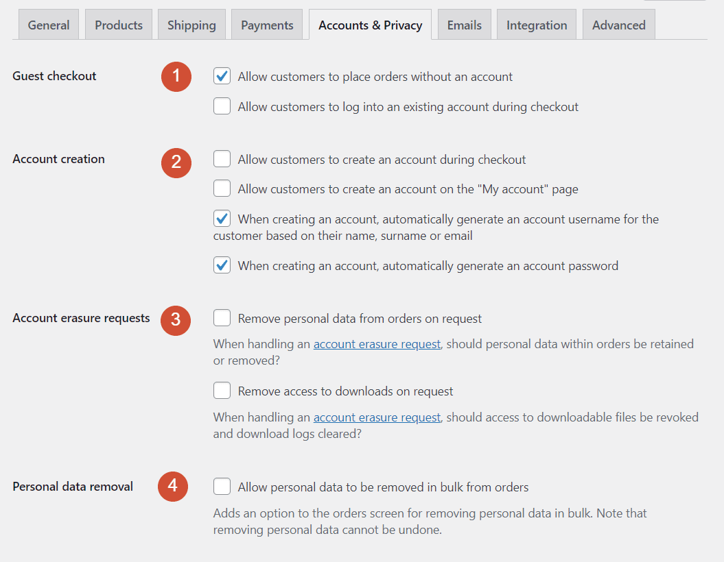 Guest checkout and personal data settings in WooCommerce
