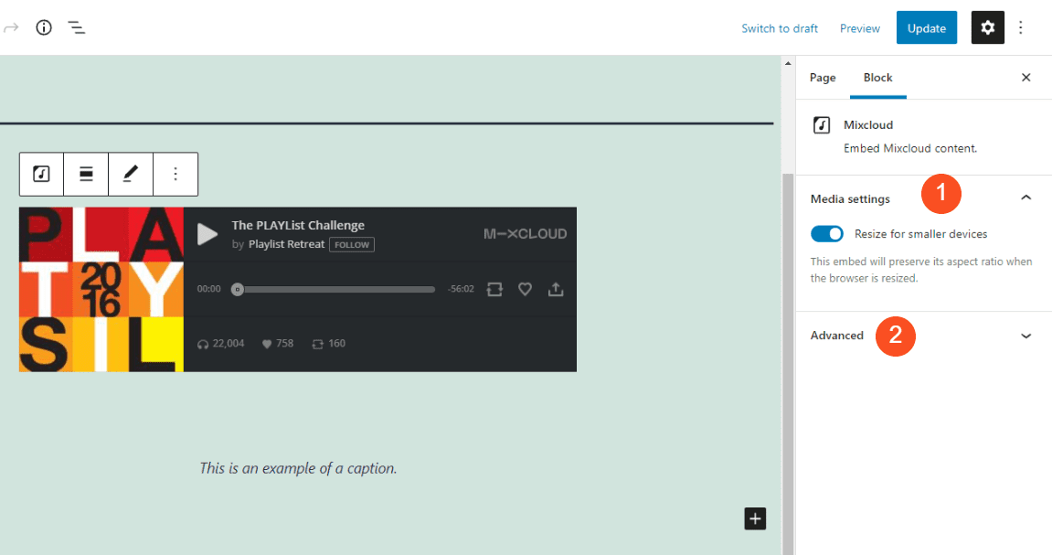 The additional block settings for Mixcloud.