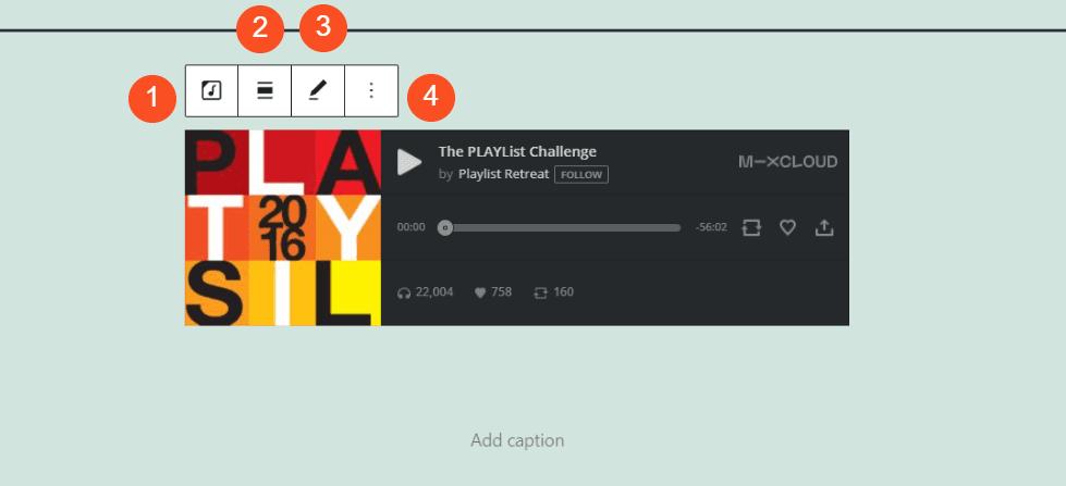 The Mixcloud Embed block toolbar.