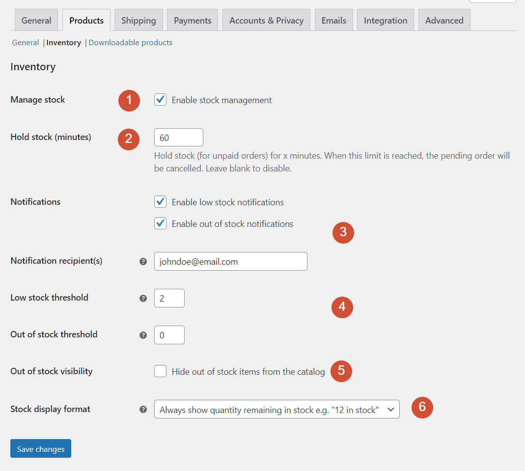 The products inventory settings for WooCommerce