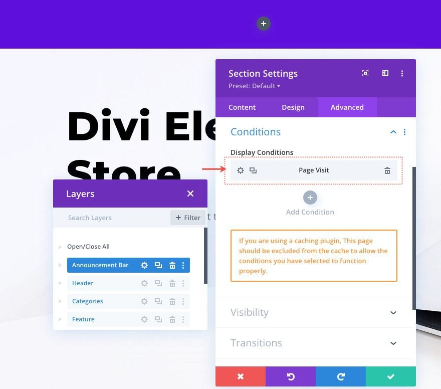 retarget landing page visit with announcement bar in divi