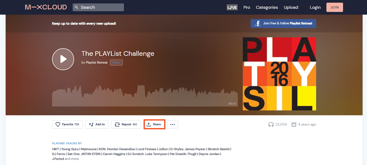 The"Share" button on a Mixcloud web player.