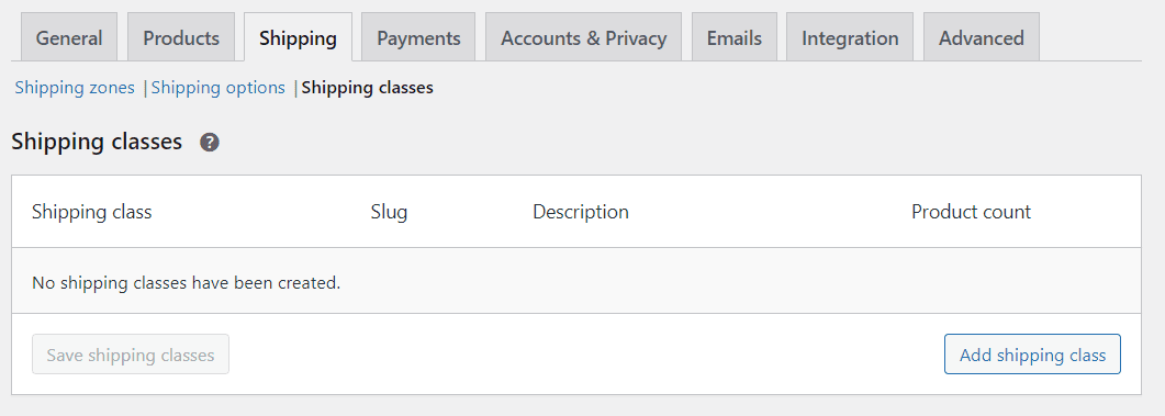 WooCommerce shipping class settings