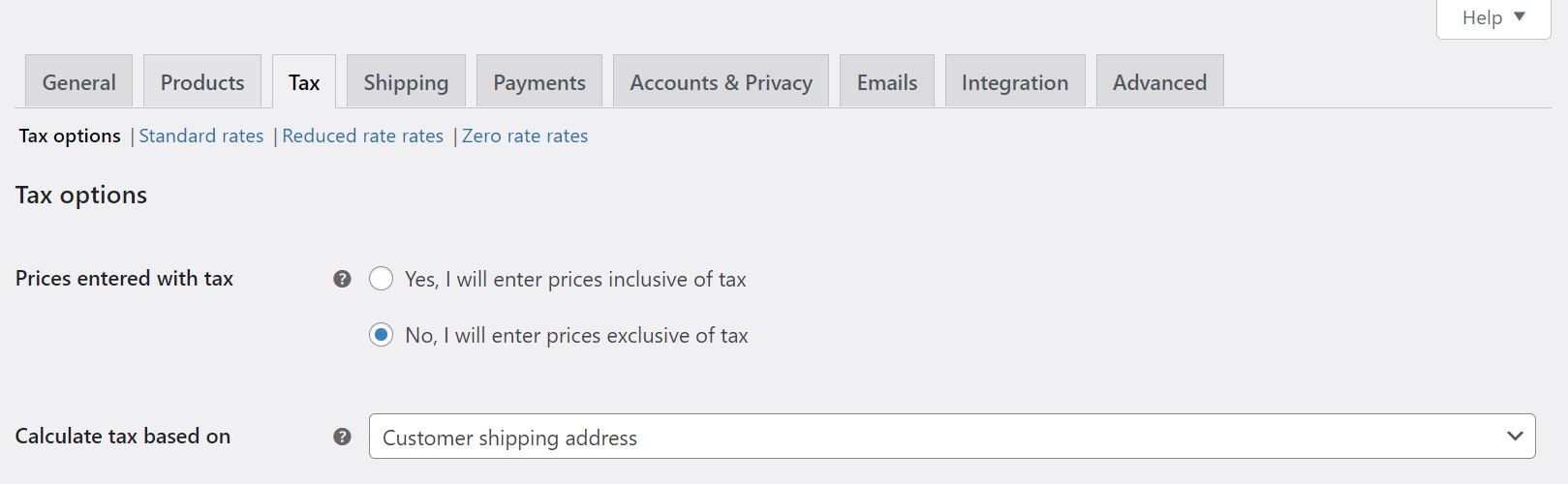 The tax options page in WooCommerce