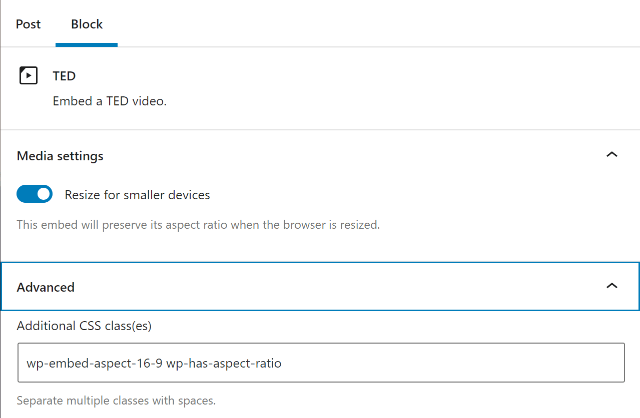 The TED block's settings menu