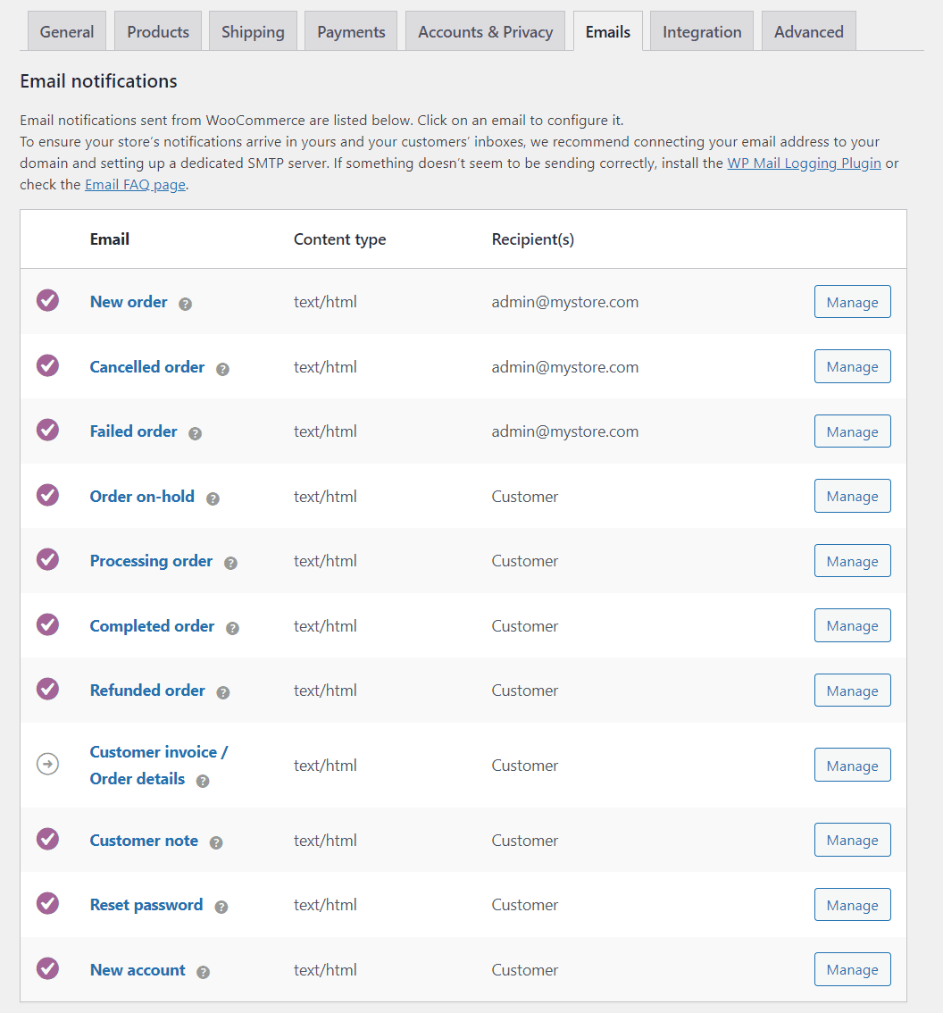 The WooCommerce Emails settings 