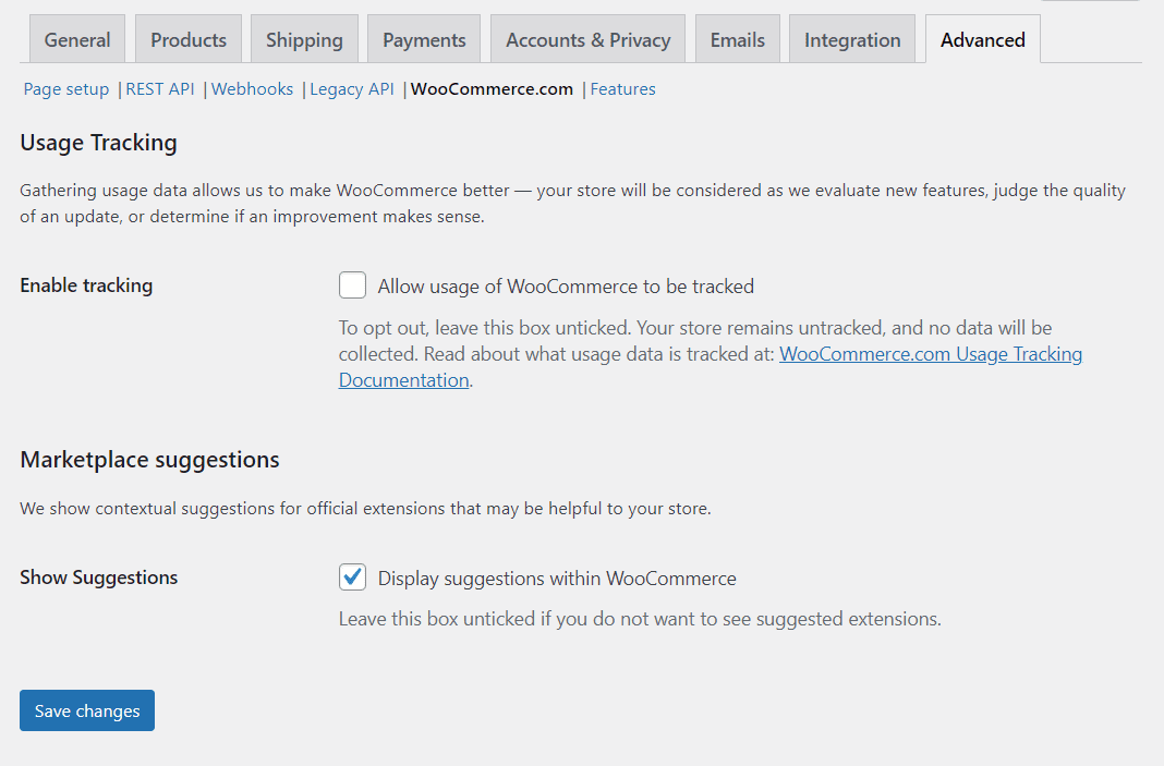 WooCommerce tracking settings