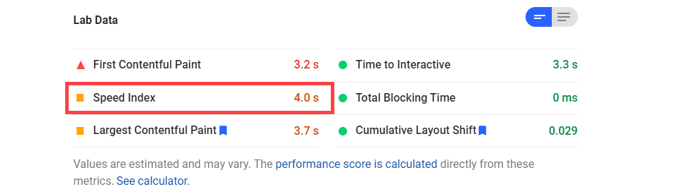 speed index for core web vitals