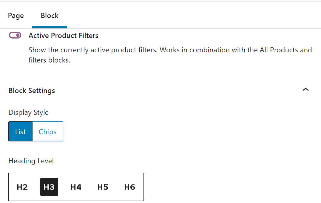 The settings for the Active Product Filters block