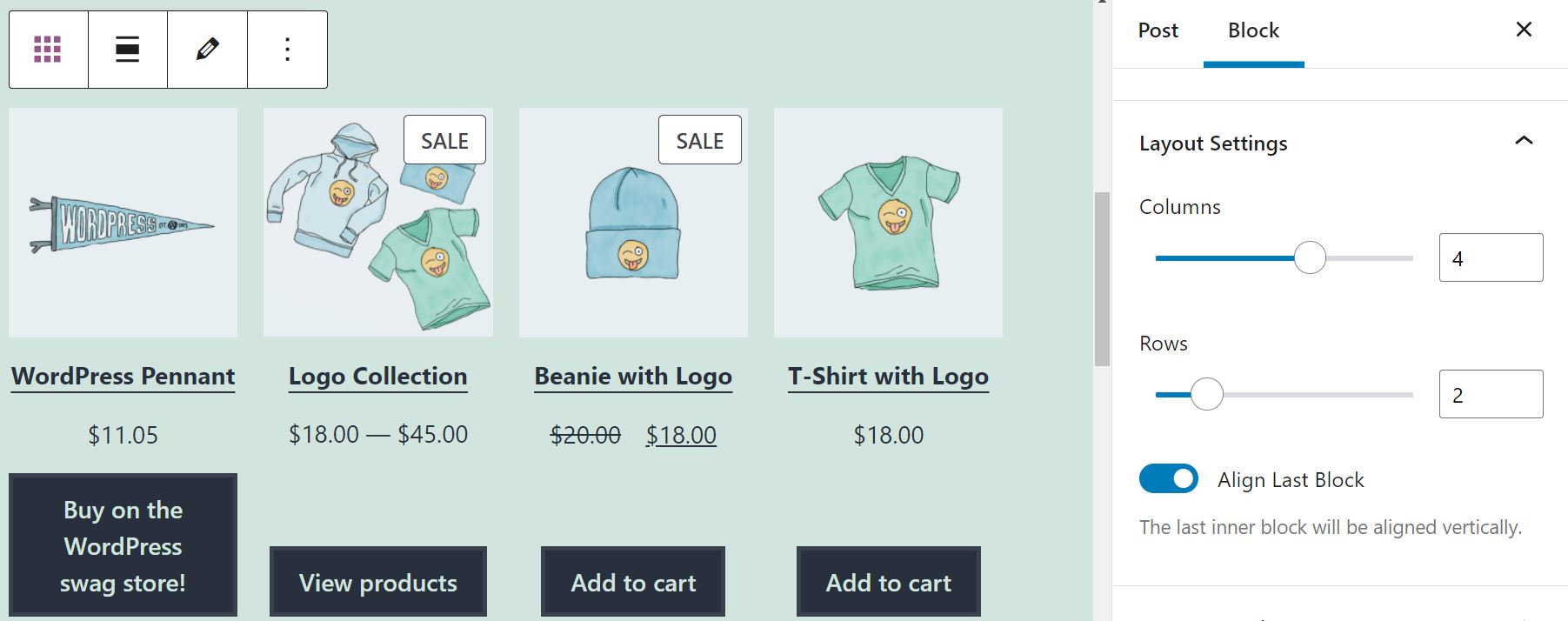 All Products block with align last block enabled