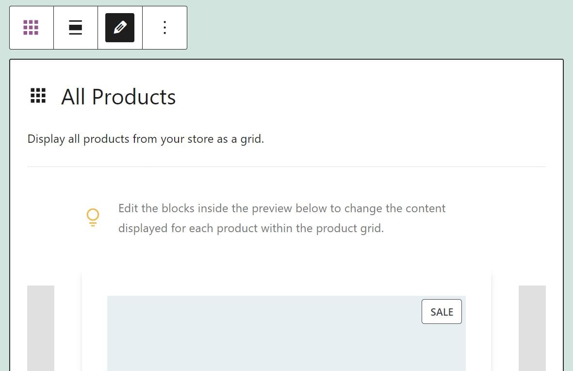 The Edit option for the All Products block