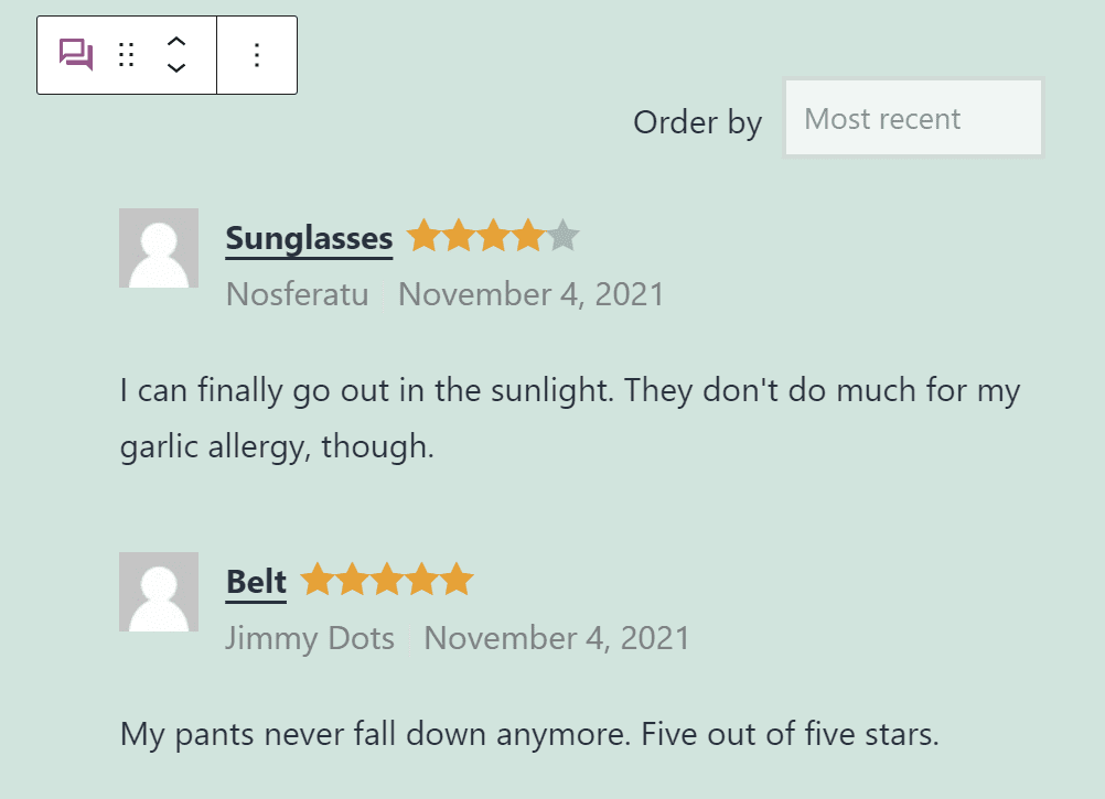 بلوک WooCommerce All Reviews