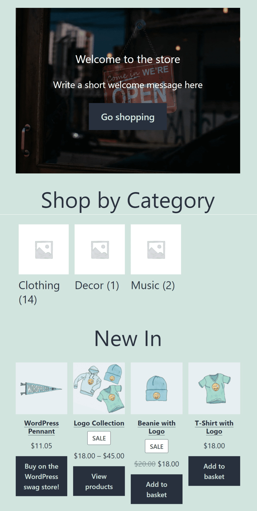 Example of a WooCommerce homepage