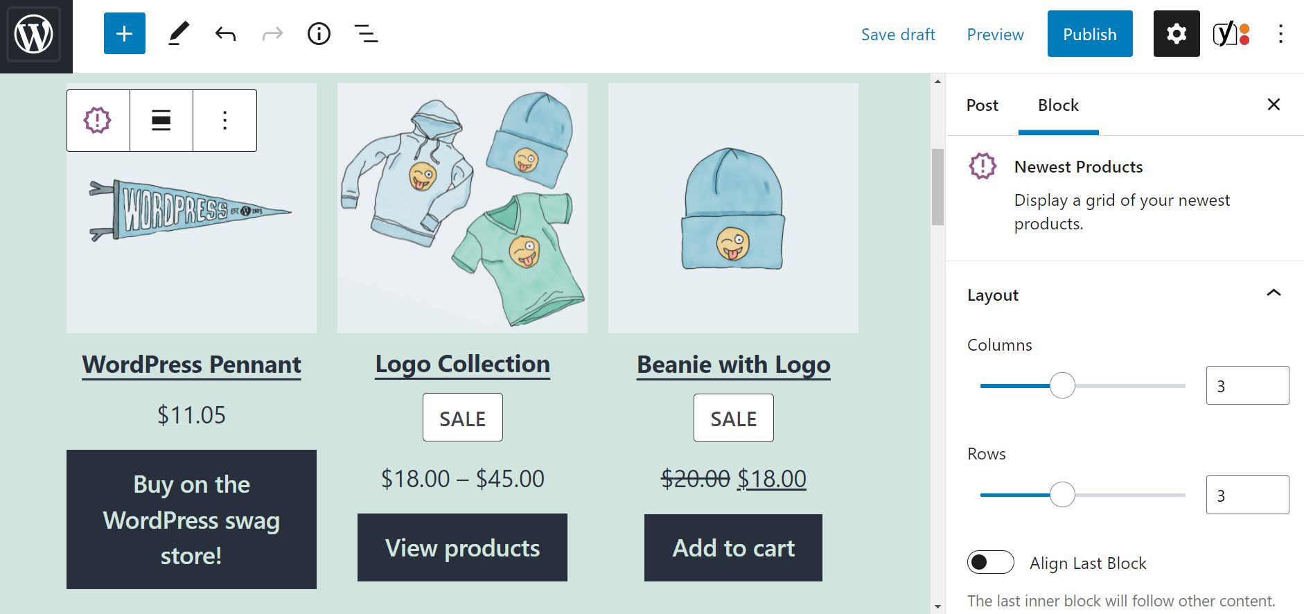 The layout settings for the Newest Products WooCommerce block