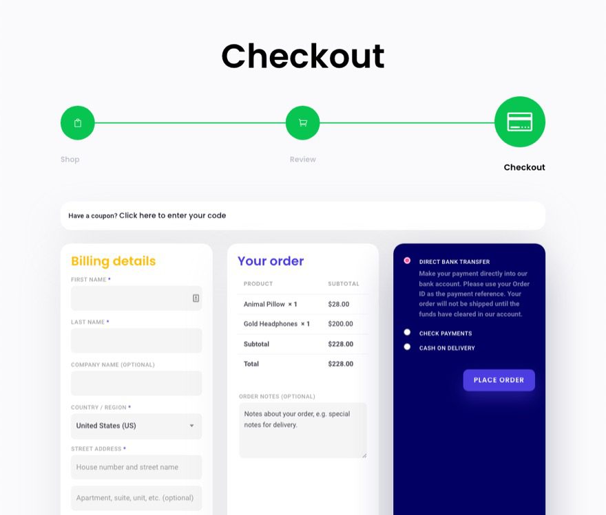 checkout process navigation menu in Divi