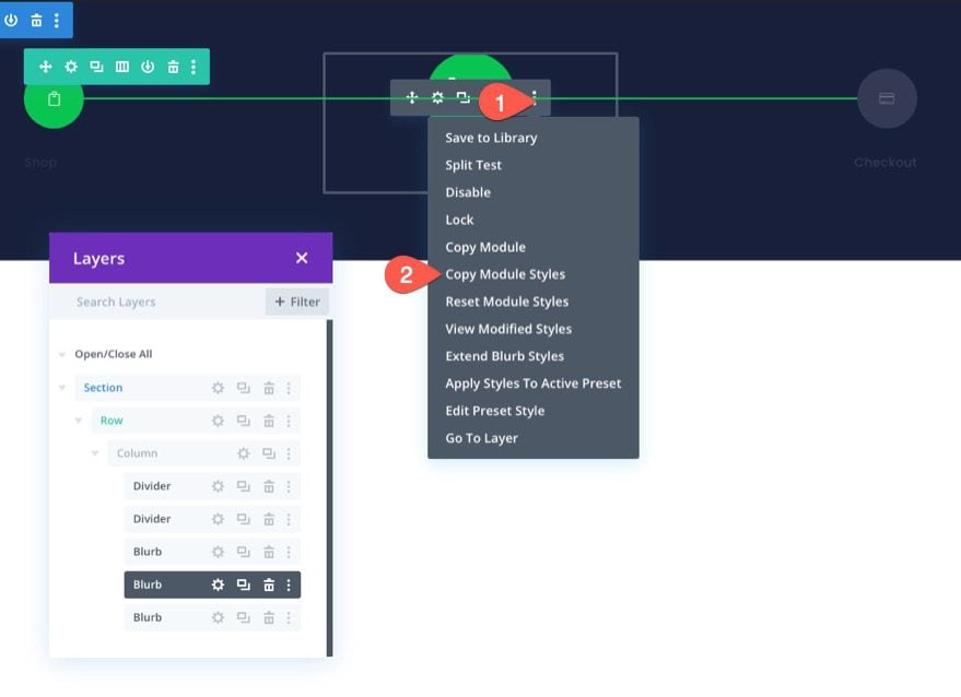 checkout process navigation menu in Divi