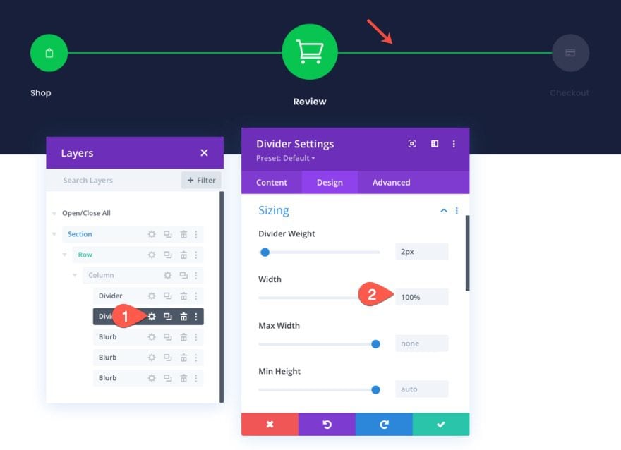 checkout process navigation menu in Divi