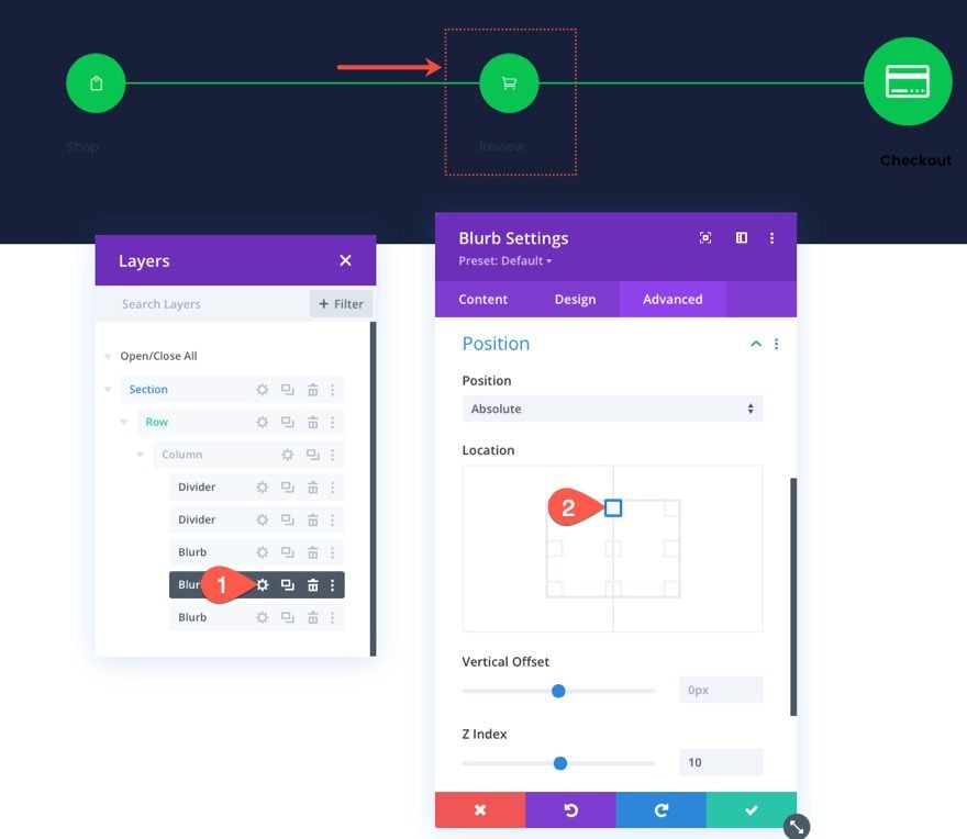 checkout process navigation menu in Divi