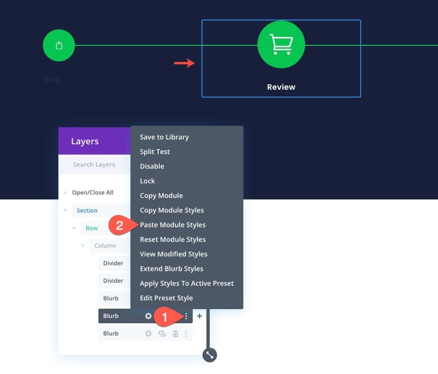 checkout process navigation menu in Divi