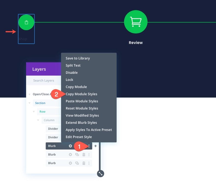 checkout process navigation menu in Divi