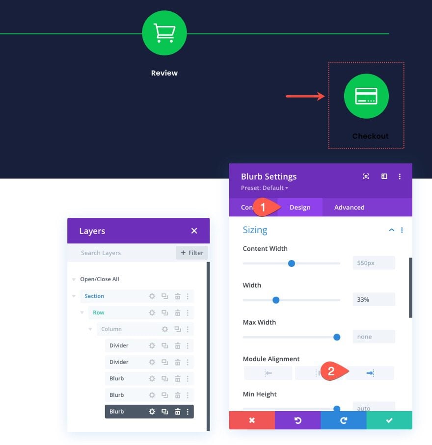 checkout process navigation menu in Divi