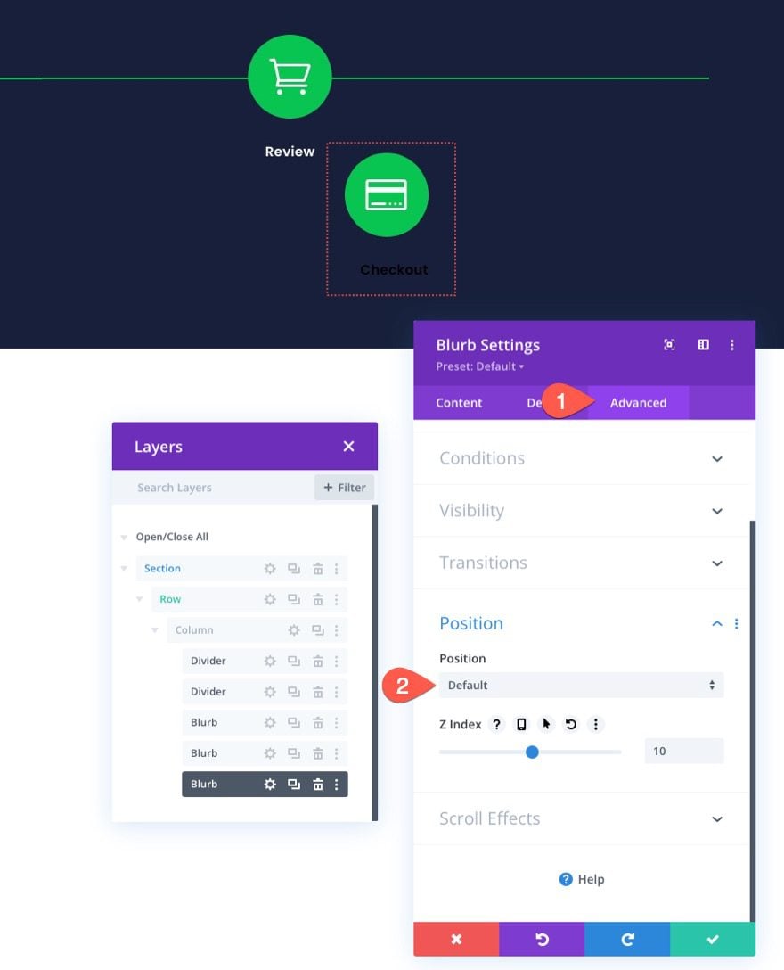 checkout process navigation menu in Divi