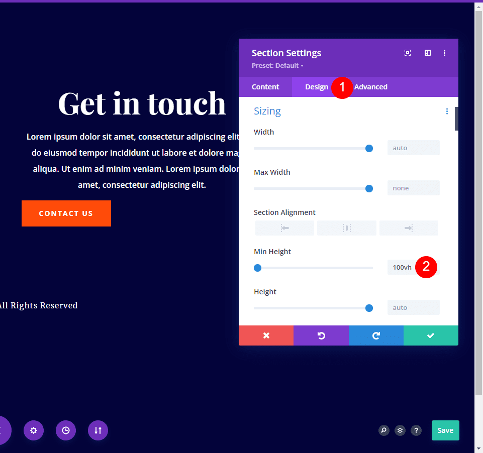 Fullscreen Divi Footer Settings