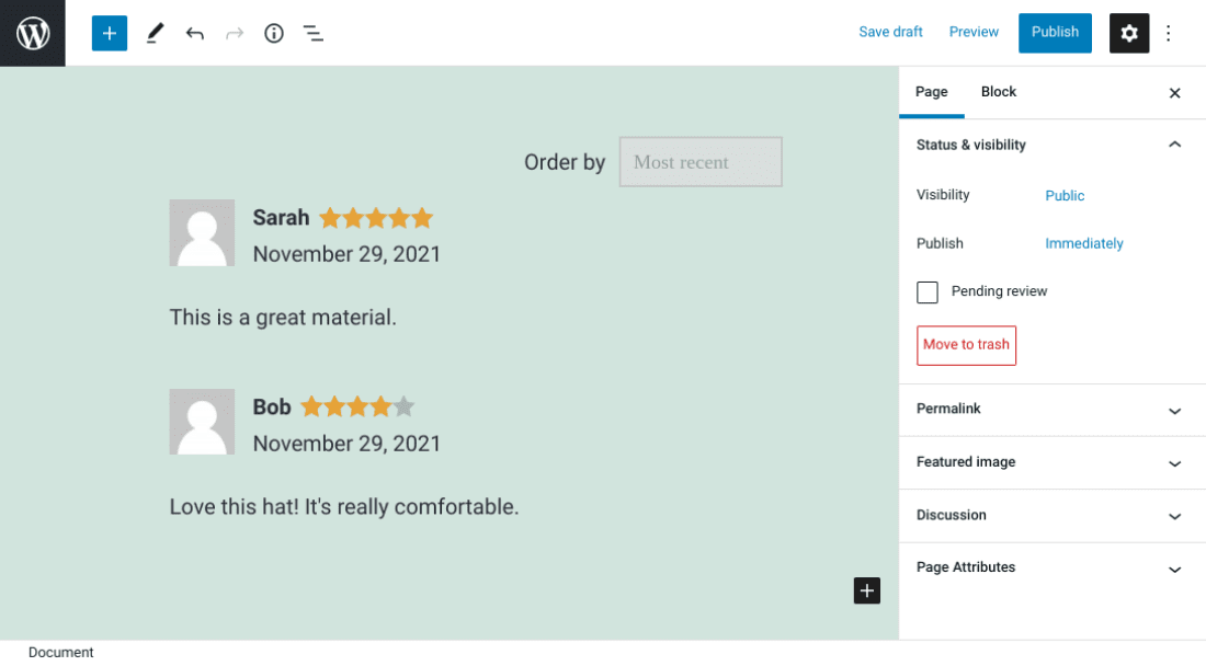 Customer reviews of a product in WooCommerce.