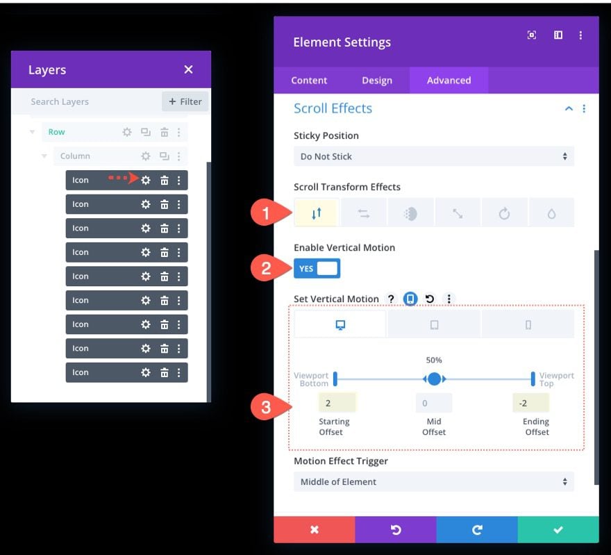 divi scroll animated icons section background