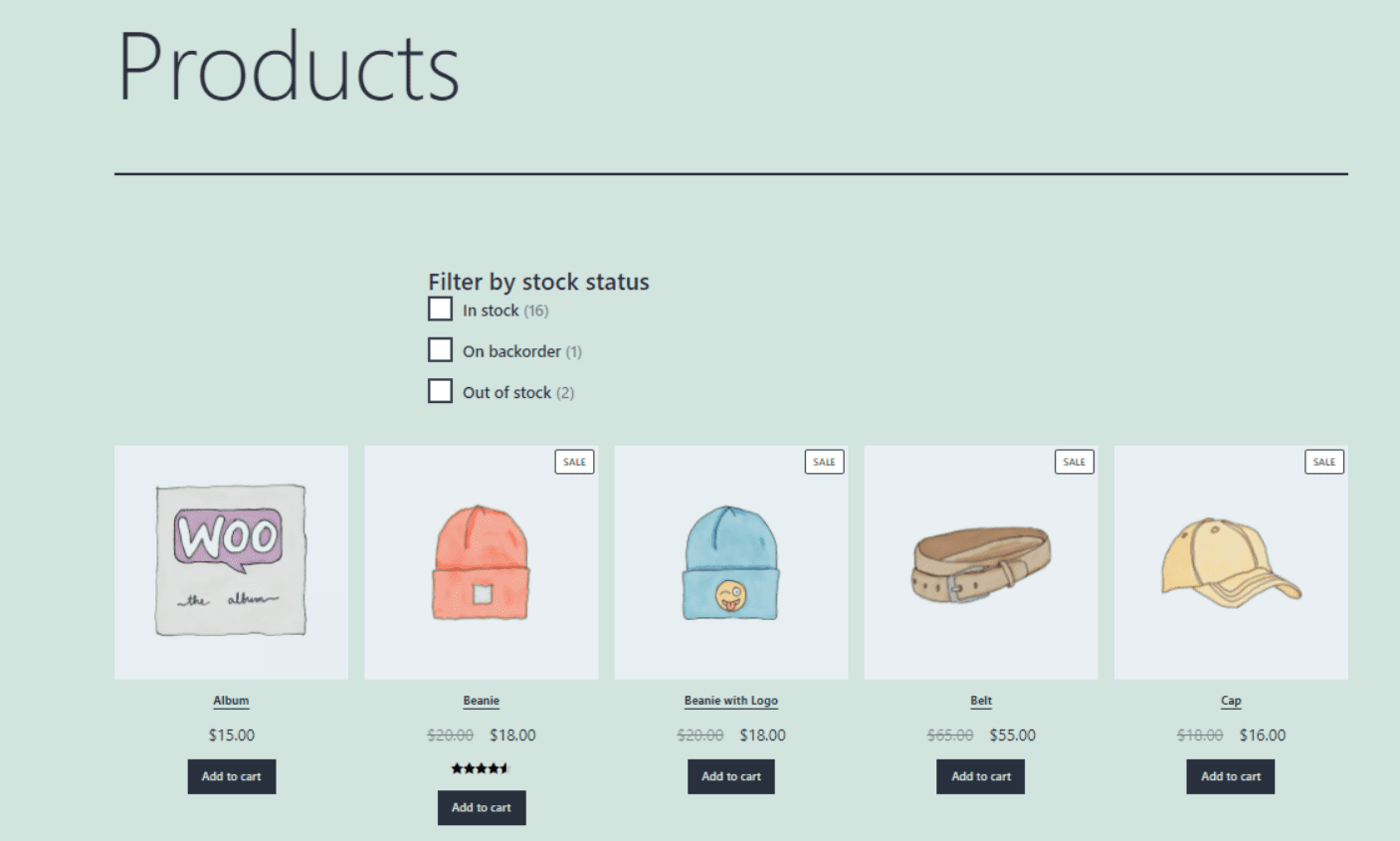 A preview of the Filter Product by Stock block on the front end.