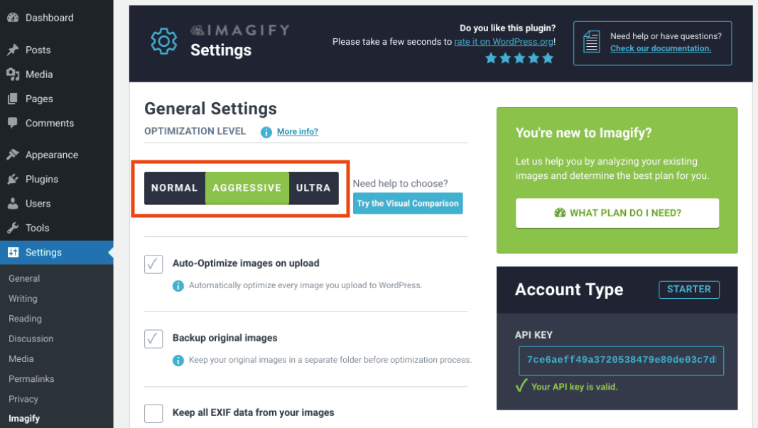 The Imagify plugin settings