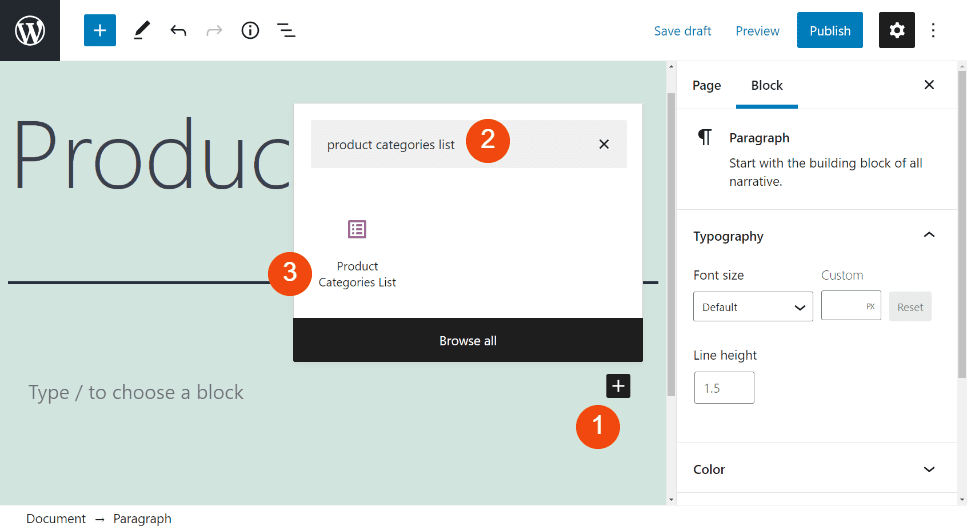 Adding the Product Categories List block in WordPress.