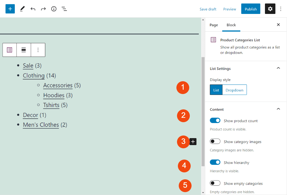 The Product Category List settings.