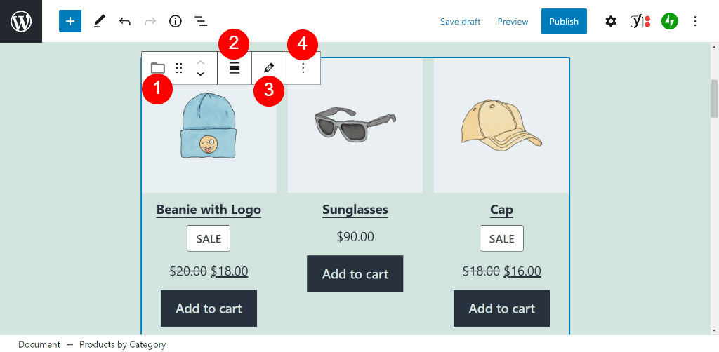 The settings menu for the Products by Category block. 