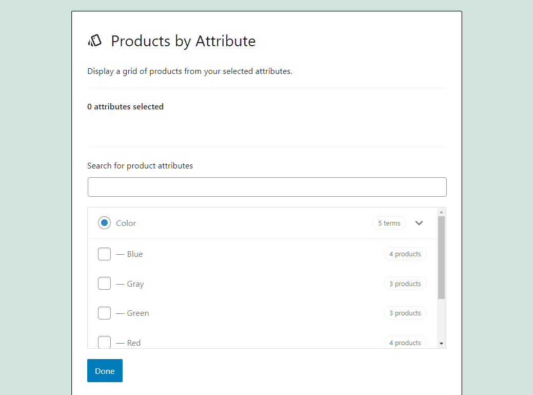 A list of product attributes.