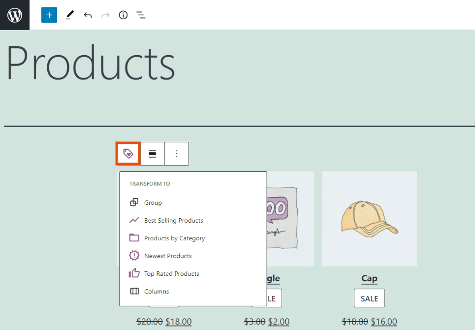 The options for transforming the On Sale Products block.