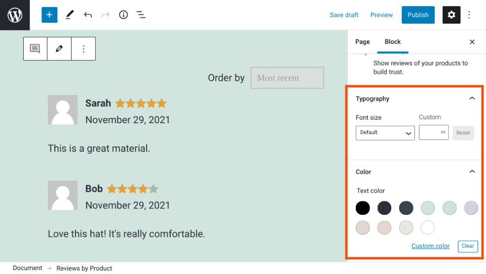 The typography settings of a WooCommerce block.